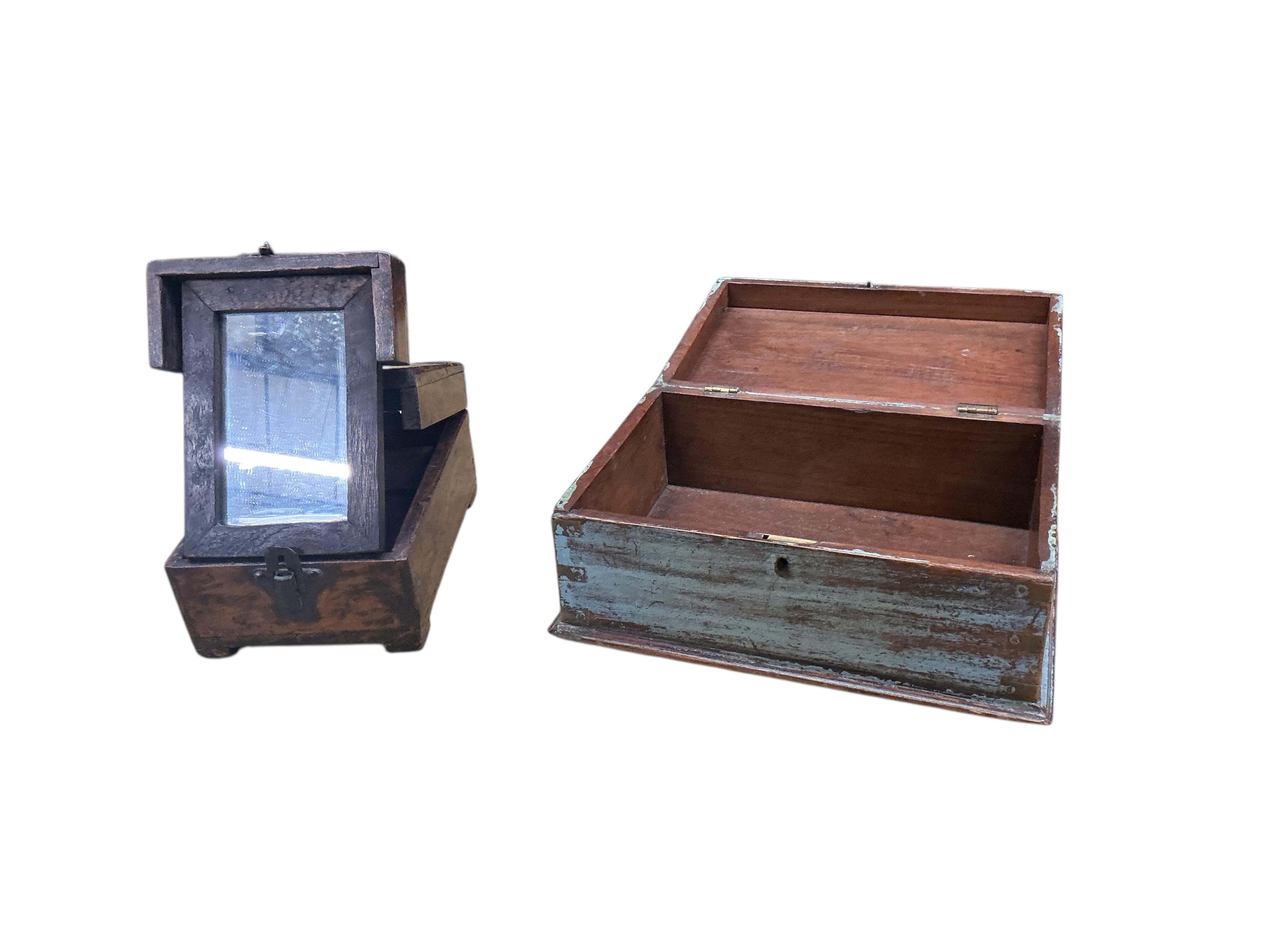 A painted iron bound hardwood trunk, width 66cm, depth 44cm, height 47cm together with two small boxes